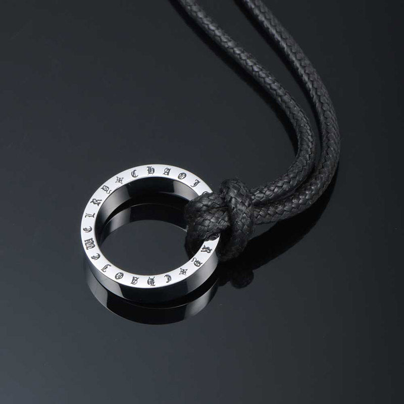 Customizable Punk Leather Rope Necklace with Retro Titanium Steel Ring Pendant - Stylish Wax Rope Necklace for Men