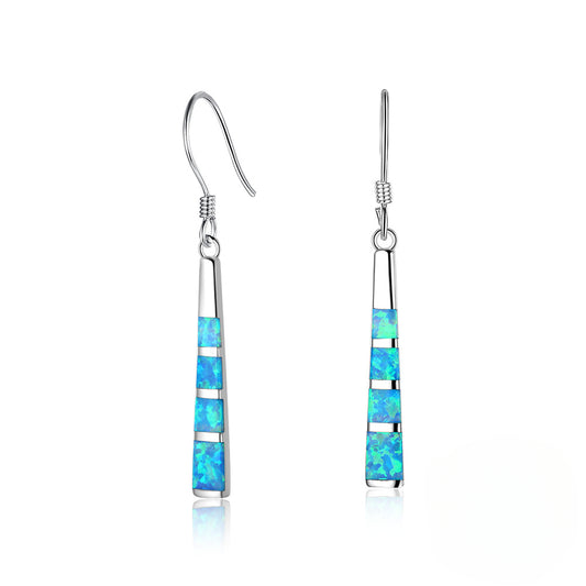 Small Long Cylinder Pendant Blue Opal Sterling Silver Hook Earrings