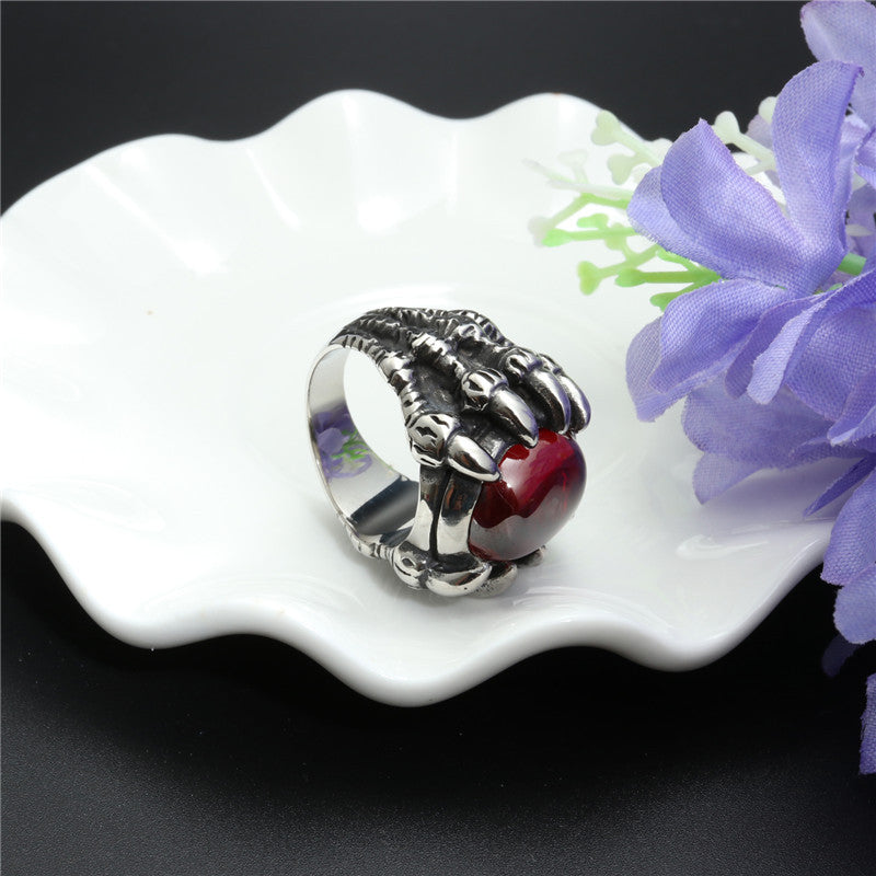 Titanium Steel Dragon Claw Ring with Red Stone - Punk Trend Jewelry for Men