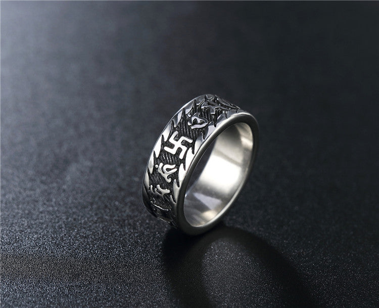 Auspicious Six-character Mantra Men's Titanium Ring with Retro Personality