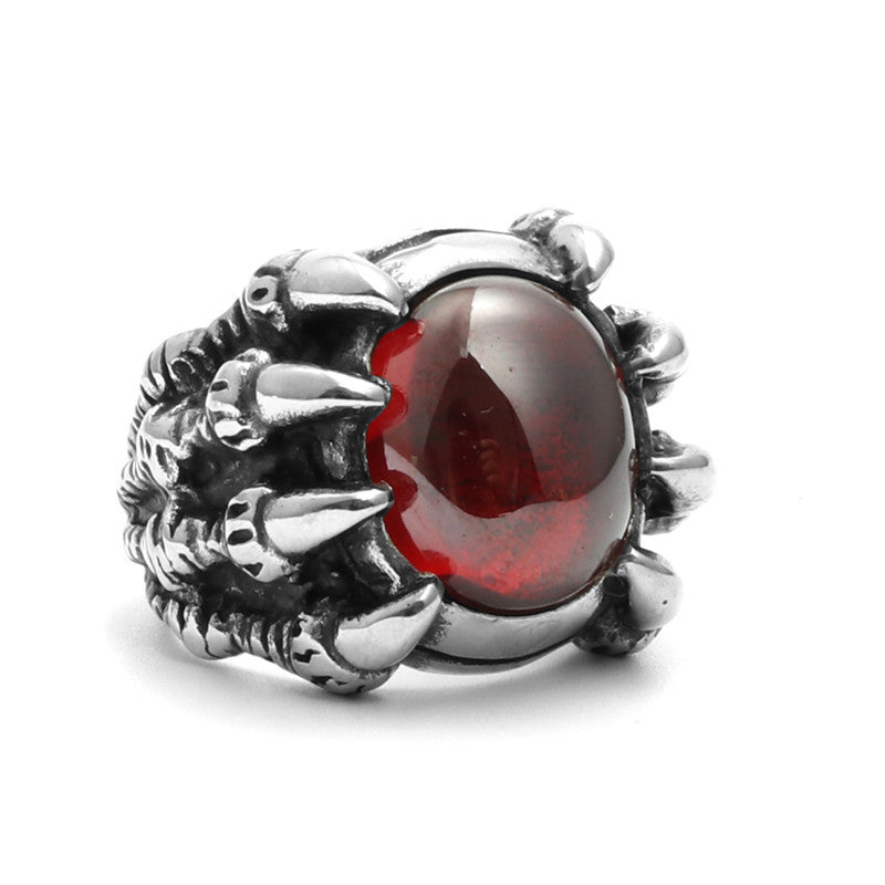 Titanium Steel Dragon Claw Ring with Red Stone - Punk Trend Jewelry for Men