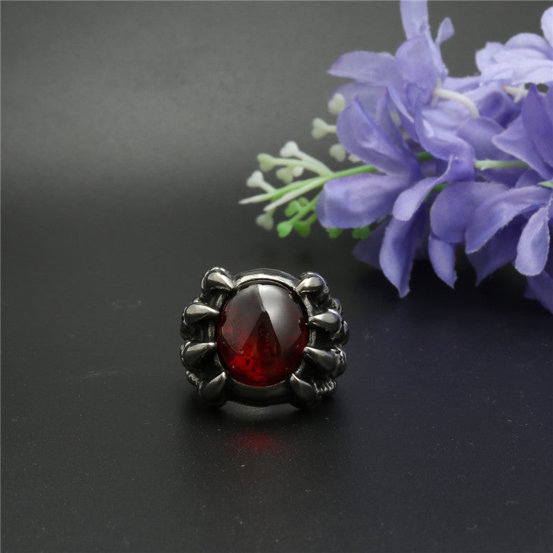 Titanium Steel Dragon Claw Ring with Red Stone - Punk Trend Jewelry for Men