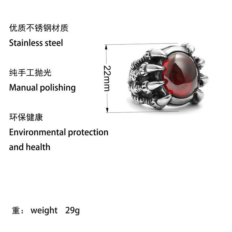 Titanium Steel Dragon Claw Ring with Red Stone - Punk Trend Jewelry for Men