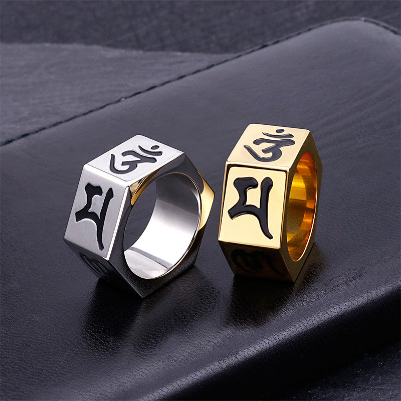 Men's Titanium Steel Ring with Daming Mantra in Sanskrit – Fashion Personality Jewelry, Available in Sizes 6-11