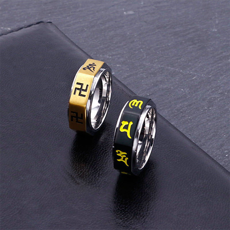 Custom Ethnic Stainless Steel Ring for Men and Women, Six-Character Mantra Retro Design, Wholesale Titanium Jewelry