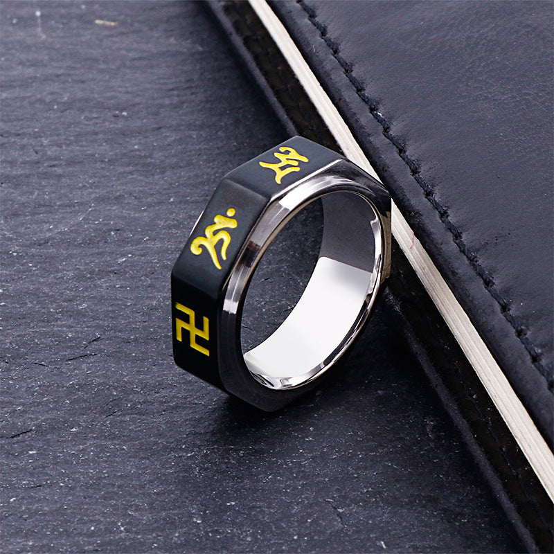 Custom Ethnic Stainless Steel Ring for Men and Women, Six-Character Mantra Retro Design, Wholesale Titanium Jewelry