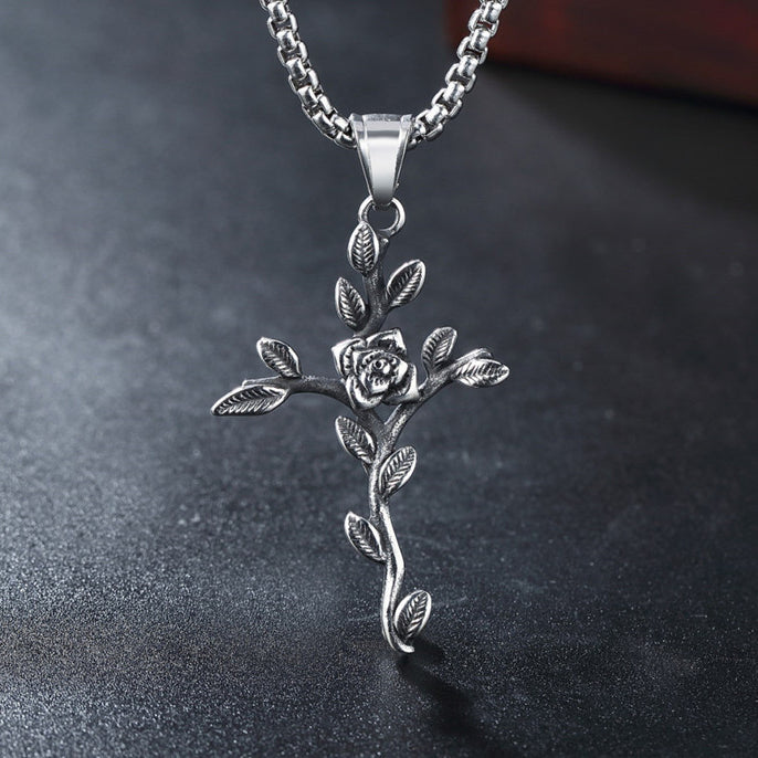 Gothic Rose Cross Titanium Steel Necklace for Men