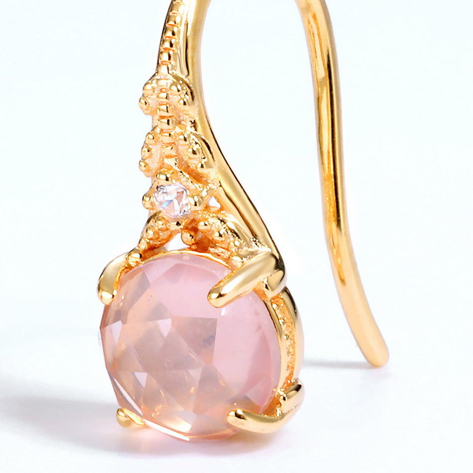 Luxury Round Shape Pink Crystal Silver Hook Earrings