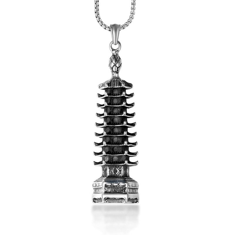 Vintage Custom Pagoda Men's Necklace, Stylish Antique Titanium Steel Pendant, Unique Men's Jewelry