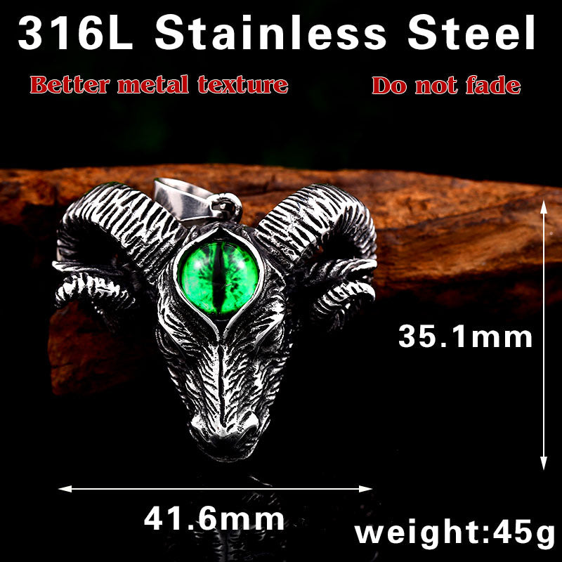 Vintage Titanium Steel Men's Pendant - Custom Sheep Head Design with Green Eye Inlay, Wholesale Jewelry