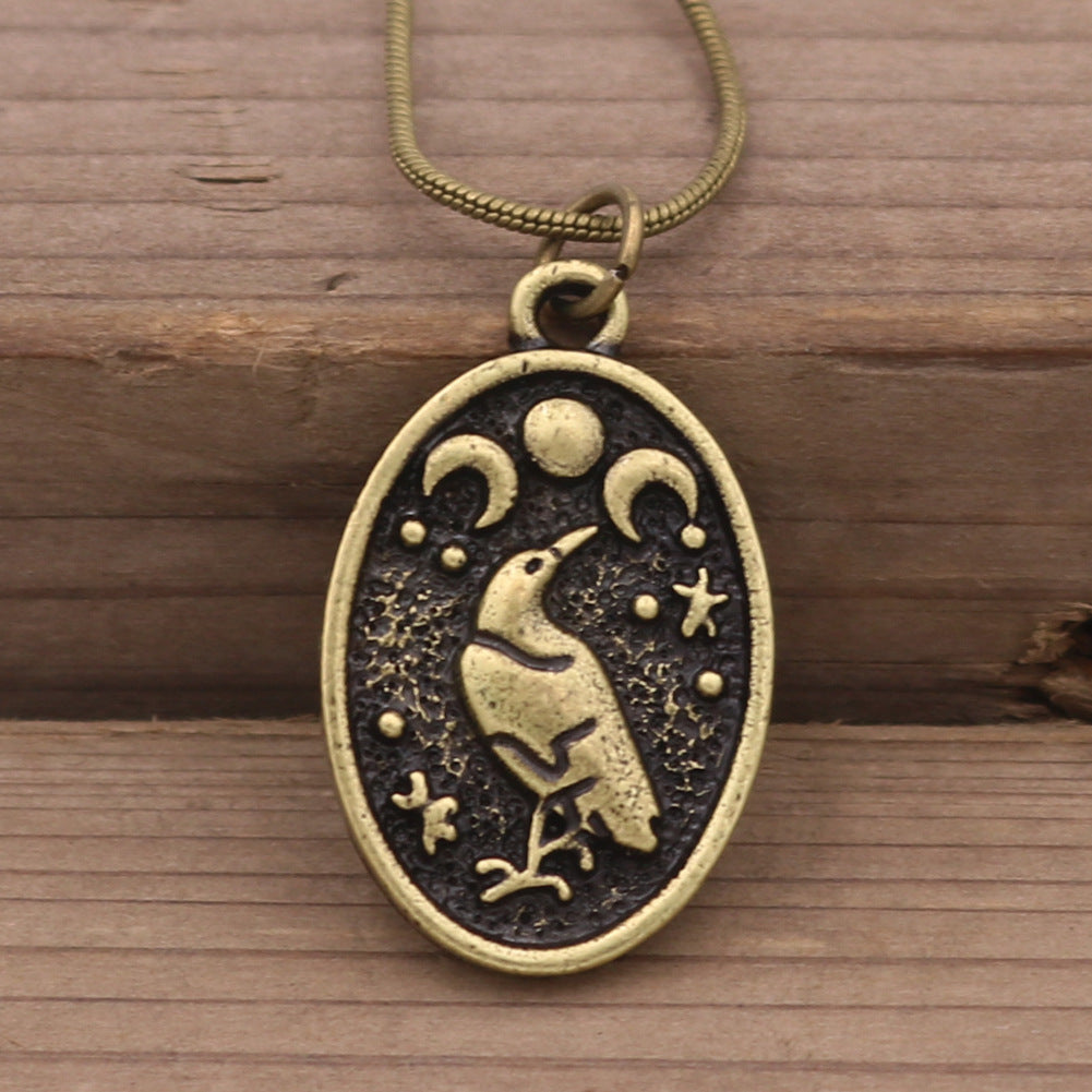 Viking Moon Pendant Necklace with Crow and Retro Bird Detail - Men's and Women's Fashion Jewelry