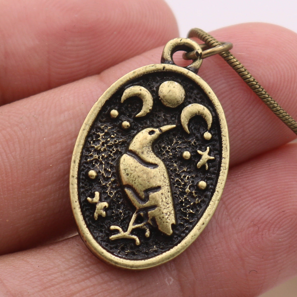 Viking Moon Pendant Necklace with Crow and Retro Bird Detail - Men's and Women's Fashion Jewelry