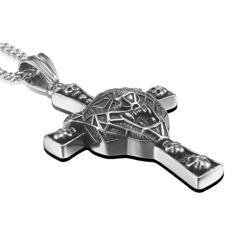 Korean-Inspired Retro Cross Tiger Head Titanium Steel Pendant for Men, Unique Stainless Steel Jewelry