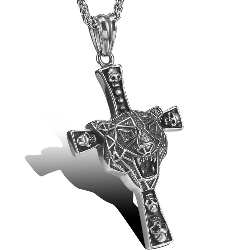 Korean-Inspired Retro Cross Tiger Head Titanium Steel Pendant for Men, Unique Stainless Steel Jewelry