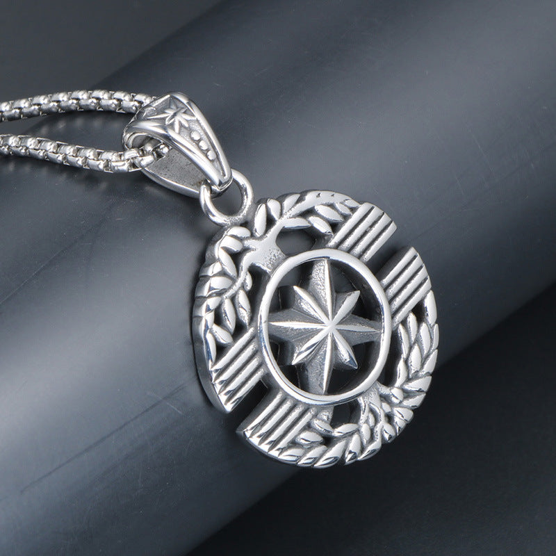 Titanium Steel Star Flower Men's Necklace with Tree of Life Compass Pendant