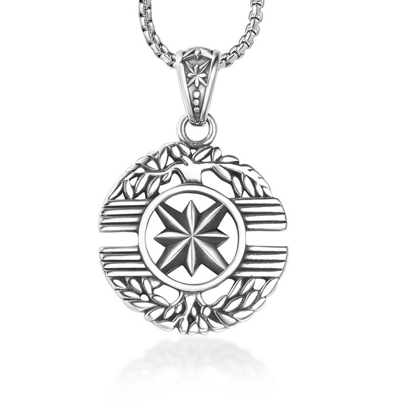 Titanium Steel Star Flower Men's Necklace with Tree of Life Compass Pendant