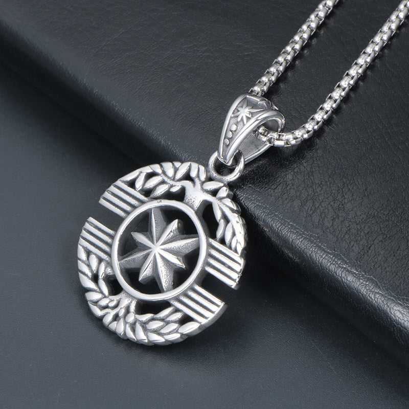 Titanium Steel Star Flower Men's Necklace with Tree of Life Compass Pendant