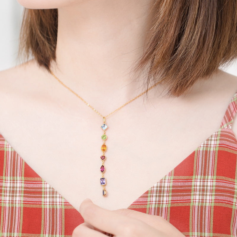 Geometric Rainbow Zircon Tassel Silver Necklace