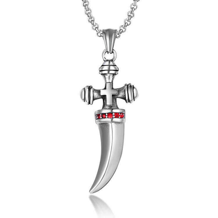 Titanium Steel Cross Necklace with Red Zircon and Horn Pendant for Men - European and American Fashion Jewelry