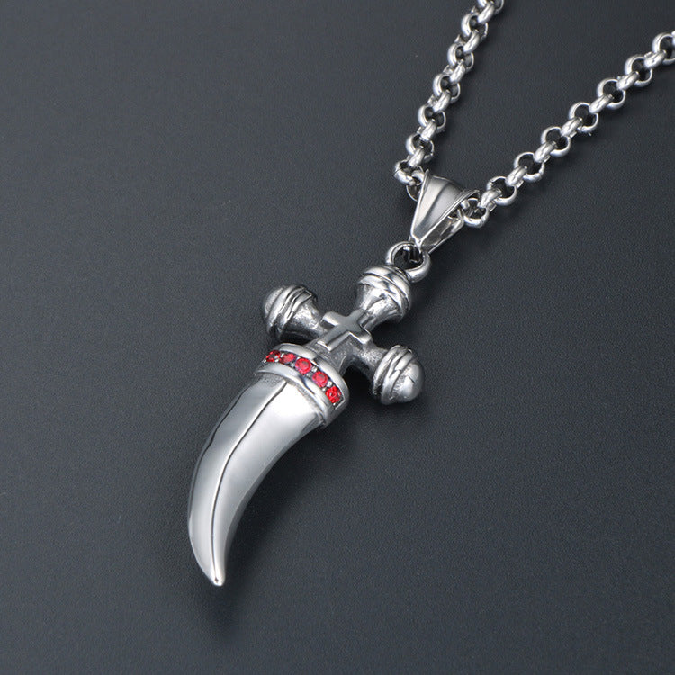 Titanium Steel Cross Necklace with Red Zircon and Horn Pendant for Men - European and American Fashion Jewelry