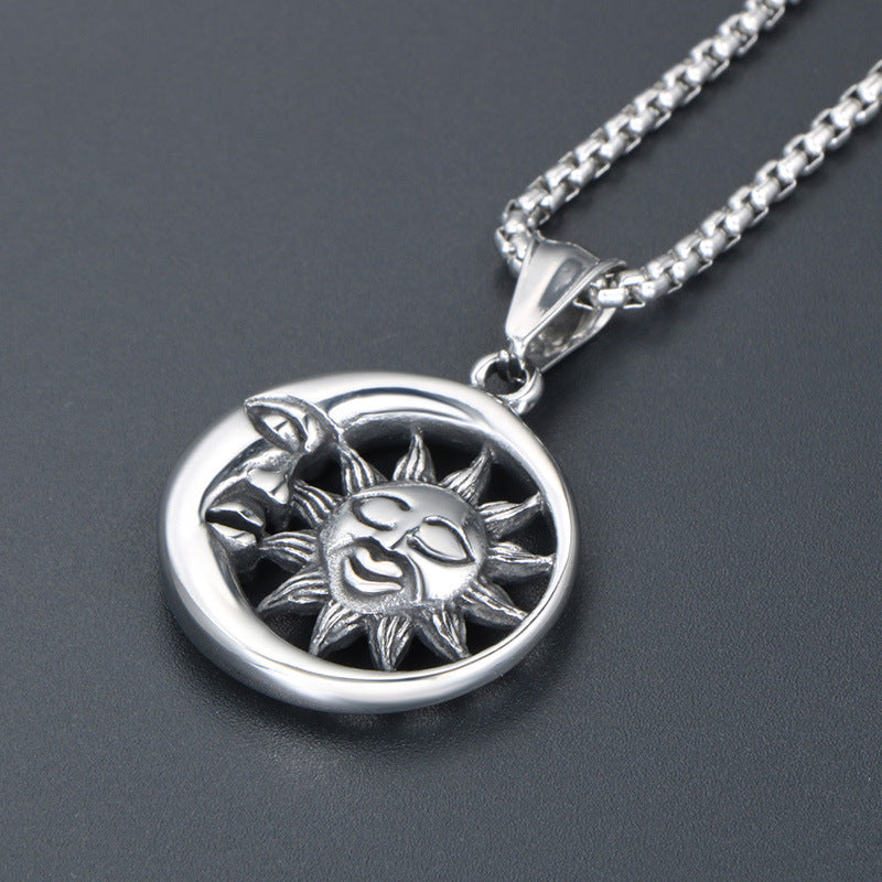 Celestial Harmony Sun and Moon Pendant Necklace - Retro Punk Men's Fashion Accessory