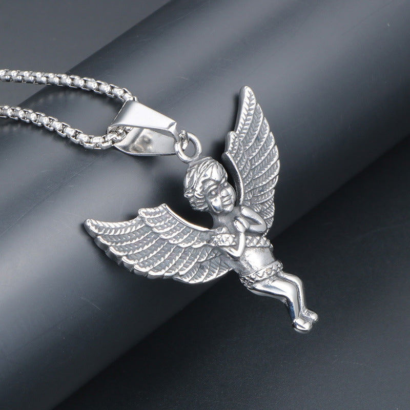 Titanium Steel Little Angel Pendant Necklace for Men - Cross-Border Street Style Jewelry