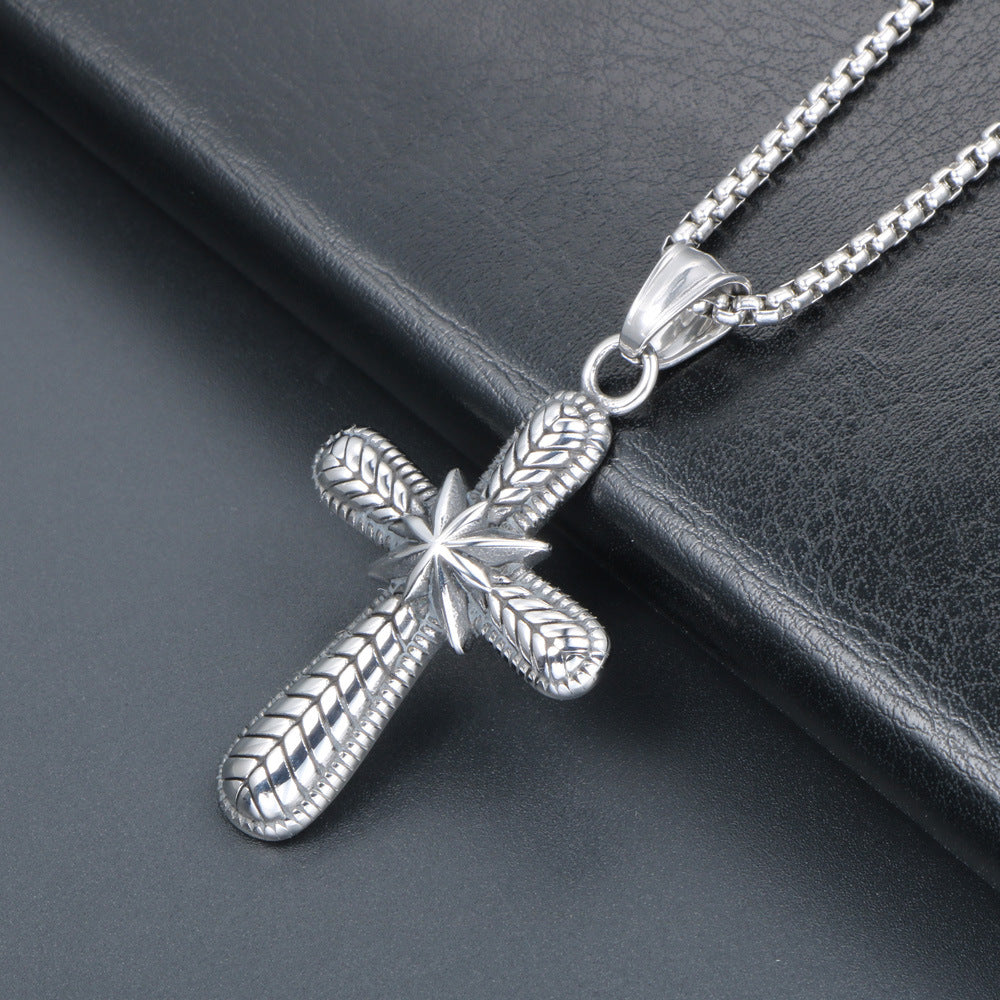 Titanium Steel Star Cross Pendant Necklace for Men - Trendy Rock Style Sweater Chain