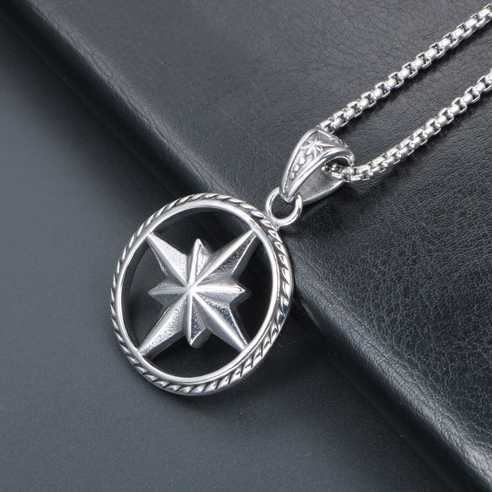 Titanium Steel Rose Compass Necklace - Personalized Star Flower Accessories for Men and Women