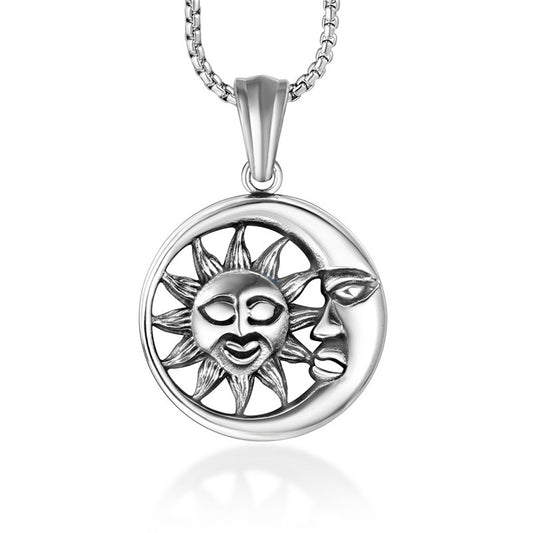 Celestial Harmony Sun and Moon Pendant Necklace - Retro Punk Men's Fashion Accessory