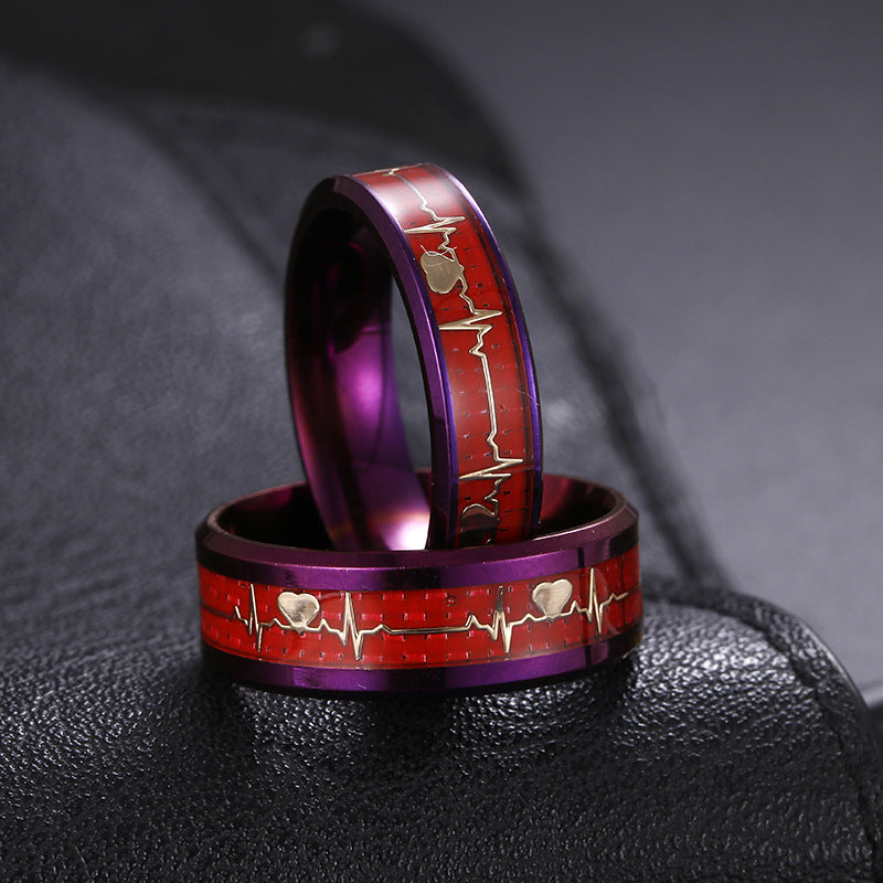 Purple Carbon Fiber Titanium Steel ECG Couple Ring Set - Men's Jewelry Fashion