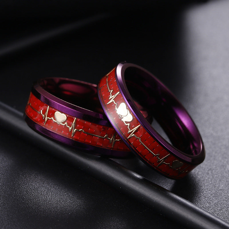 Purple Carbon Fiber Titanium Steel ECG Couple Ring Set - Men's Jewelry Fashion