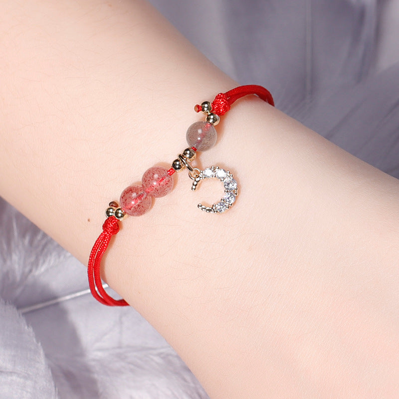 Moonlit Strawberry Crystal Bracelet Set with Adjustable Braided Design