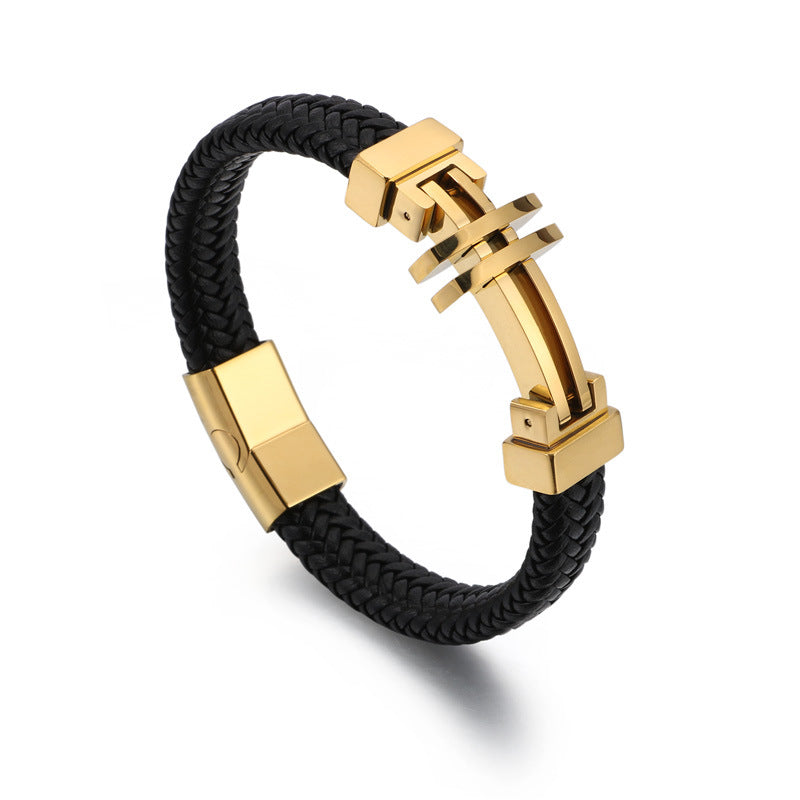 Stylish Retro Cowhide and Titanium Steel Men's Bracelet - European and American Trend