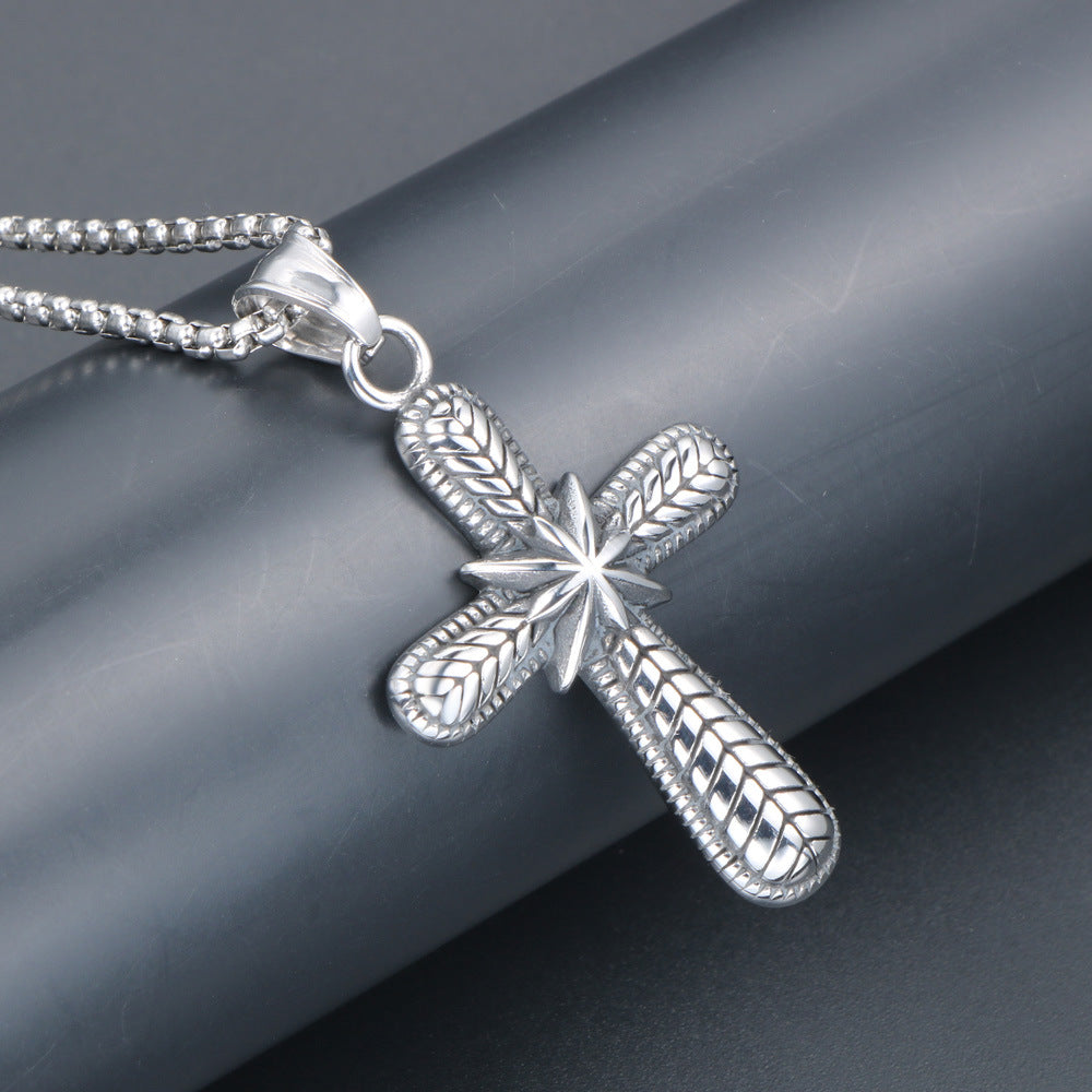 Titanium Steel Star Cross Pendant Necklace for Men - Trendy Rock Style Sweater Chain