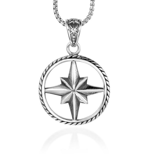 Titanium Steel Rose Compass Necklace - Personalized Star Flower Accessories for Men and Women