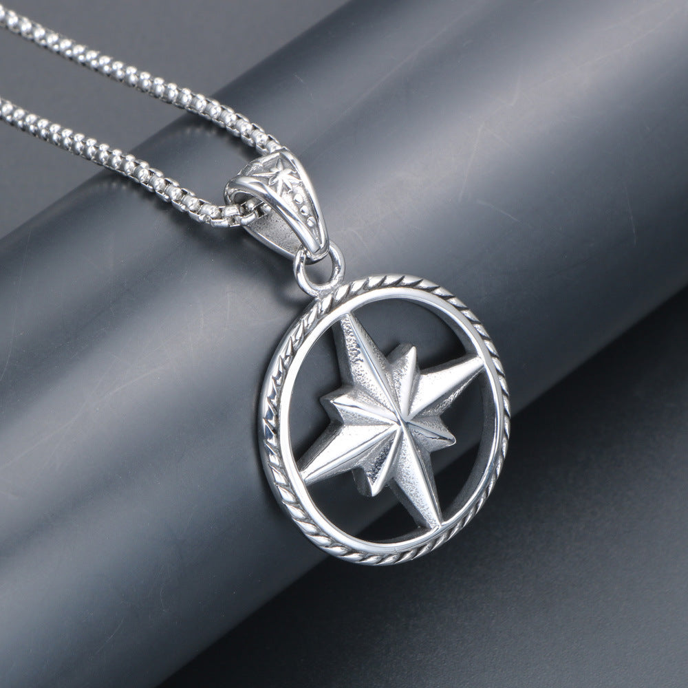 Titanium Steel Rose Compass Necklace - Personalized Star Flower Accessories for Men and Women