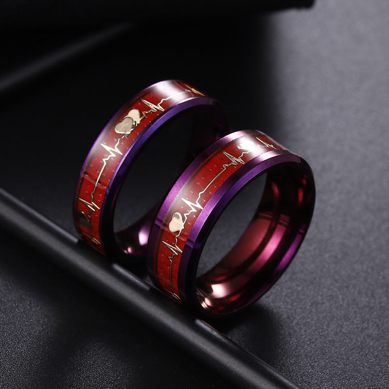 Purple Carbon Fiber Titanium Steel ECG Couple Ring Set - Men's Jewelry Fashion