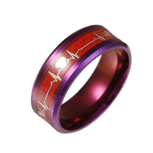 Purple Carbon Fiber Titanium Steel ECG Couple Ring Set - Men's Jewelry Fashion