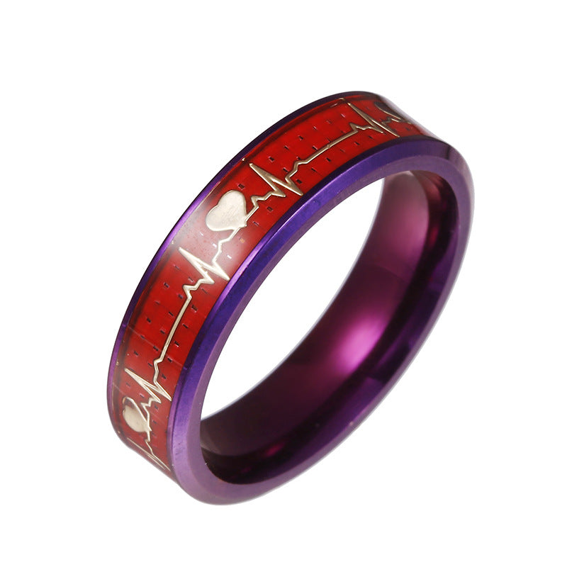 Purple Carbon Fiber Titanium Steel ECG Couple Ring Set - Men's Jewelry Fashion