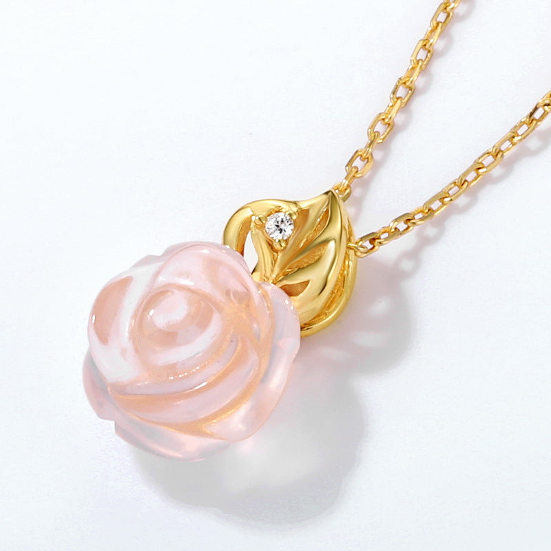 Pink Crystal Rose Bee and Leaf Zircon Sterling Silver Necklace