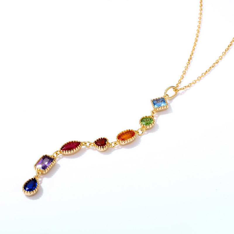 Geometric Rainbow Zircon Tassel Silver Necklace