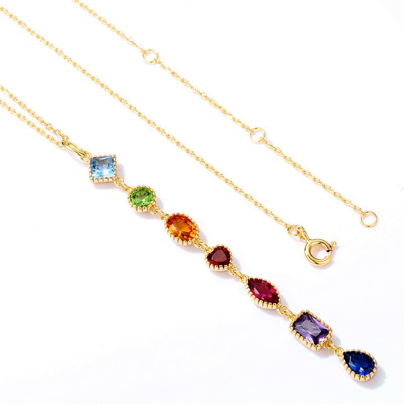 Geometric Rainbow Zircon Tassel Silver Necklace