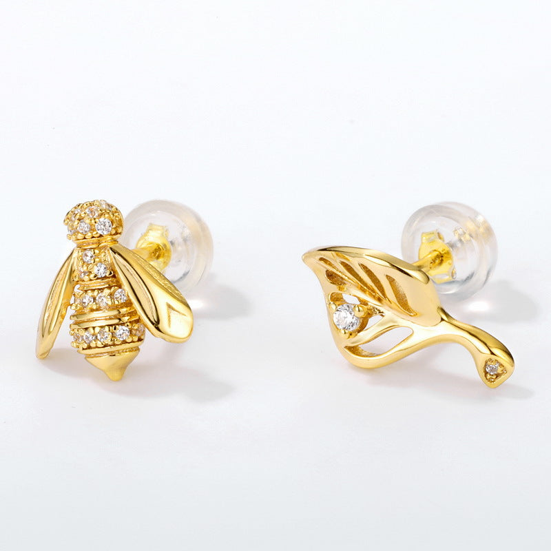 Bee and Leaf Zircon Asymmetric Sterling Silver Stud Earrings