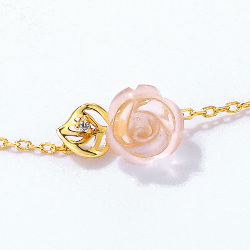 Pink Crystal Rose Bee and Leaf Zircon Sterling Silver Bracelet