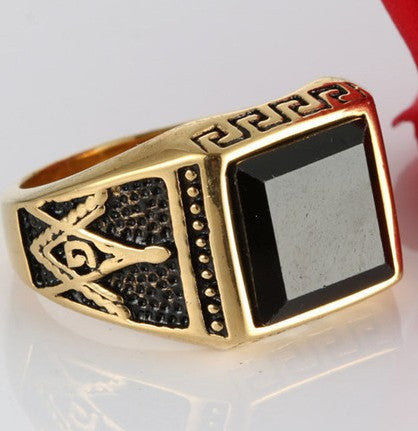 Masonic Vintage Titanium Steel Ring for Men with Black Agate and Great Wall Design