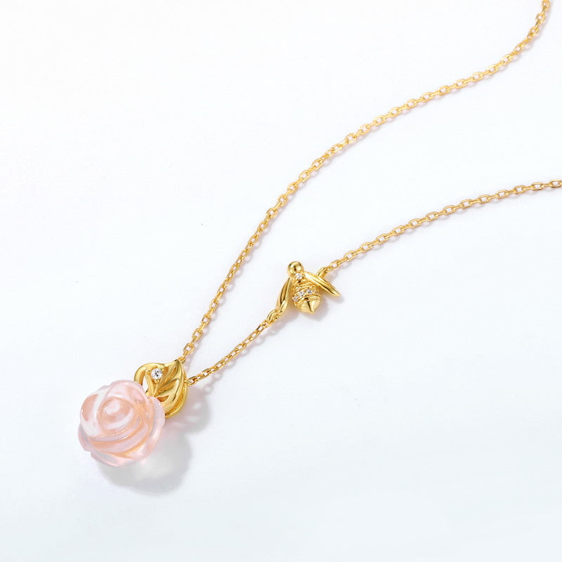 Pink Crystal Rose Bee and Leaf Zircon Sterling Silver Necklace