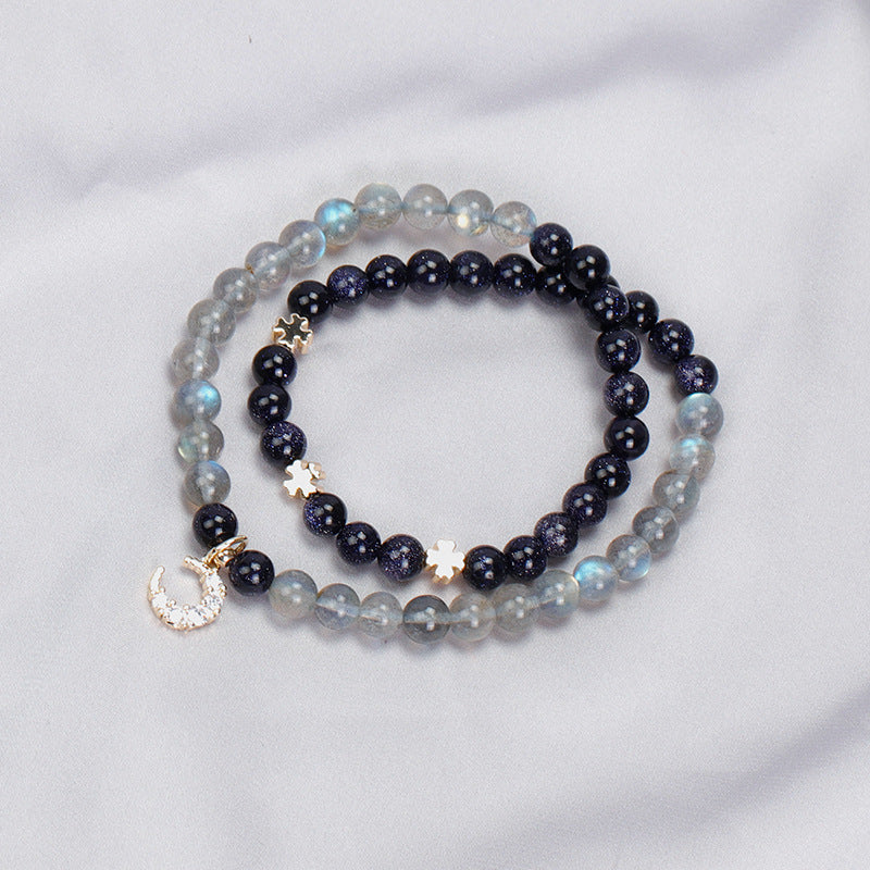 Starry Night Sterling Silver Bracelet with Blue Sandstone and Moonlight Stone