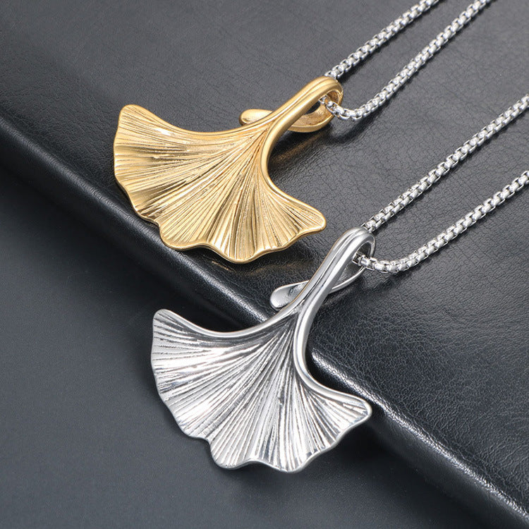 Personalized Ginkgo Biloba Pendant Necklace in Gold-Plated Titanium Steel - Stylish Sweater Chain for Men