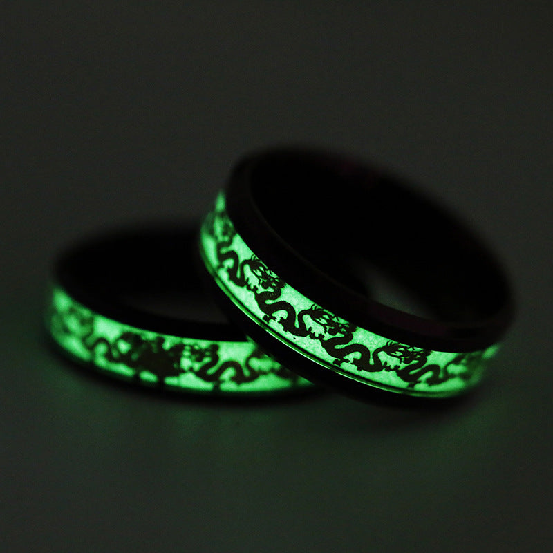 Mystical Chinese Dragon Glow-in-the-Dark Men's Steel Ring - Wholesale Jewelry