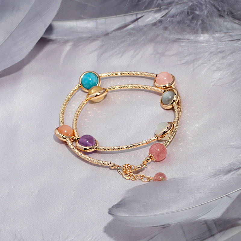 Double Layer Crystal Moonlight Stone Bracelet Wrapped in 14K Gold